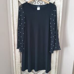 MSK Women's Small Pearl Embellished Sheer Flare Shift Flowy Midi Dress in Black